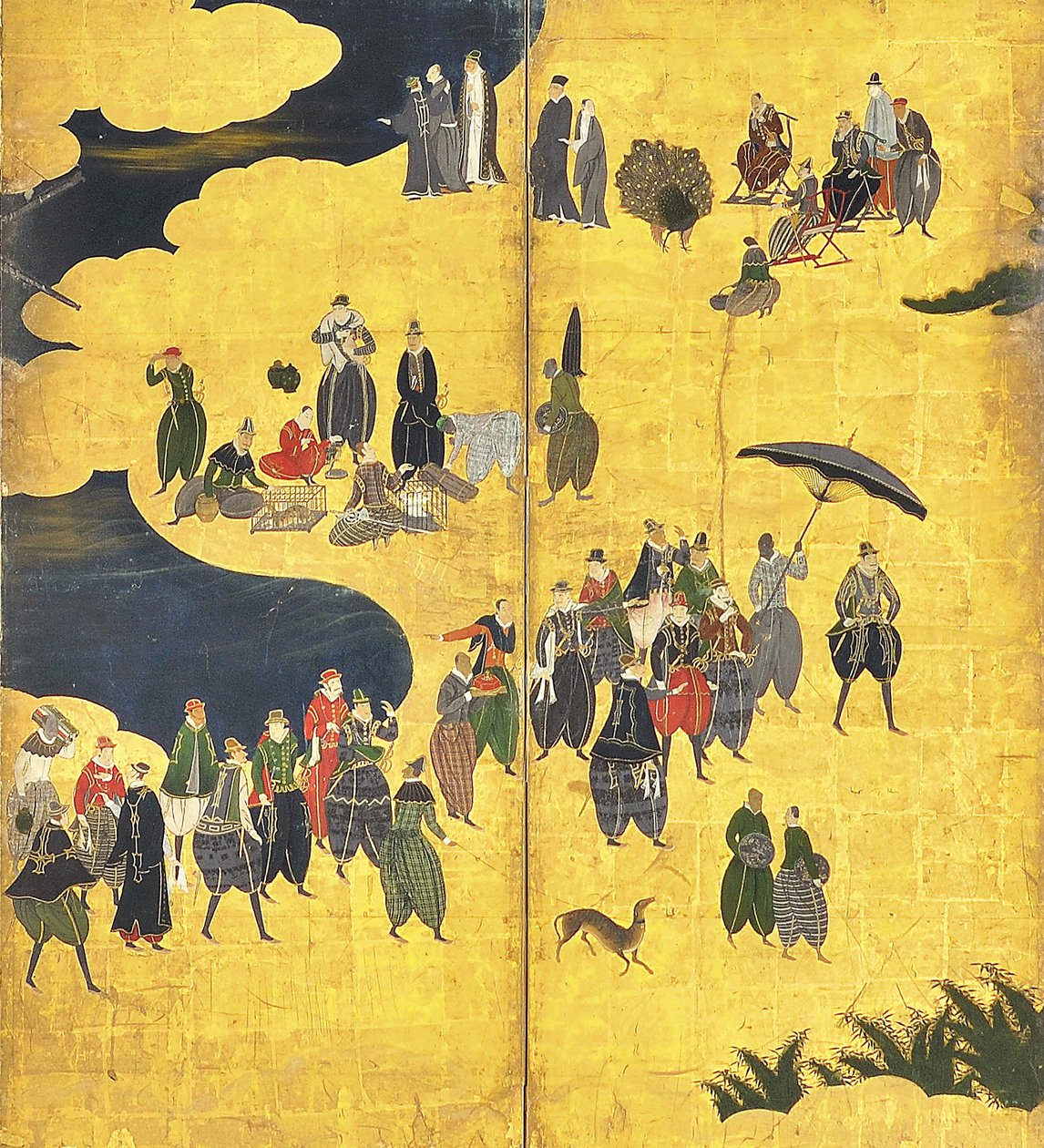 Yksityiskohta Southern Barbarians Come to Trade, pari kuusipaneelista näyttöä, 1600-luvun alku tekijältä Kano Naizen
