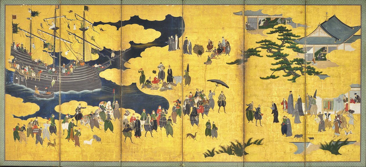 Southern Barbarians Come to Trade, pari kuusipaneelista näyttöä, 1600-luvun alku tekijältä Kano Naizen