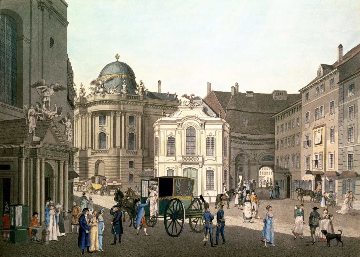 Näkymä Michaelerplatzilta, jossa näkyy Old Burgtheater (käsinvärinen kaiverrus) tekijältä Karel Postl