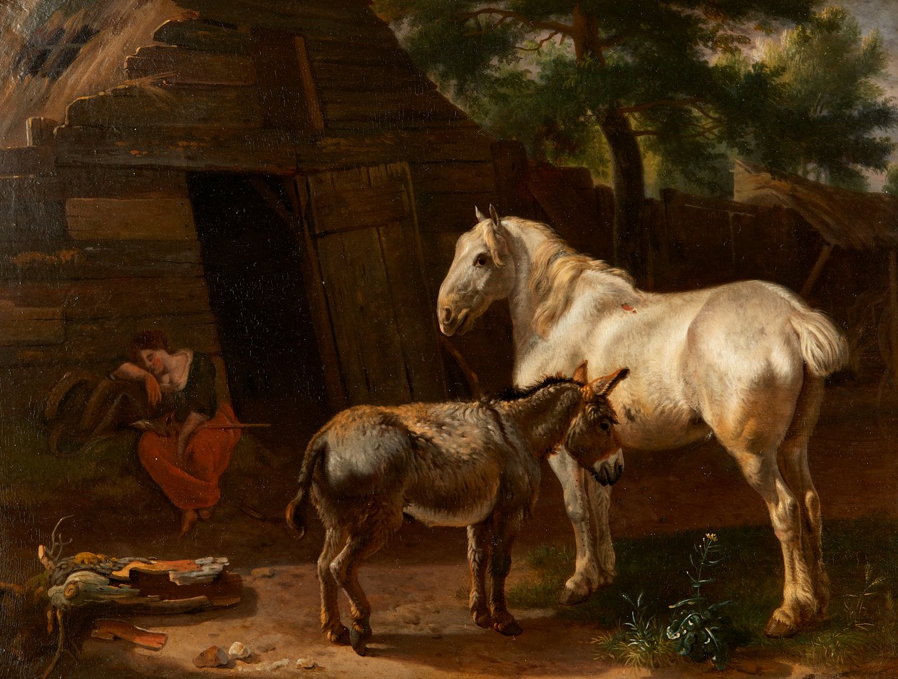 Sleeping Farm Girl (öljy paneelissa) tekijältä Karel (attr.to) Dujardin