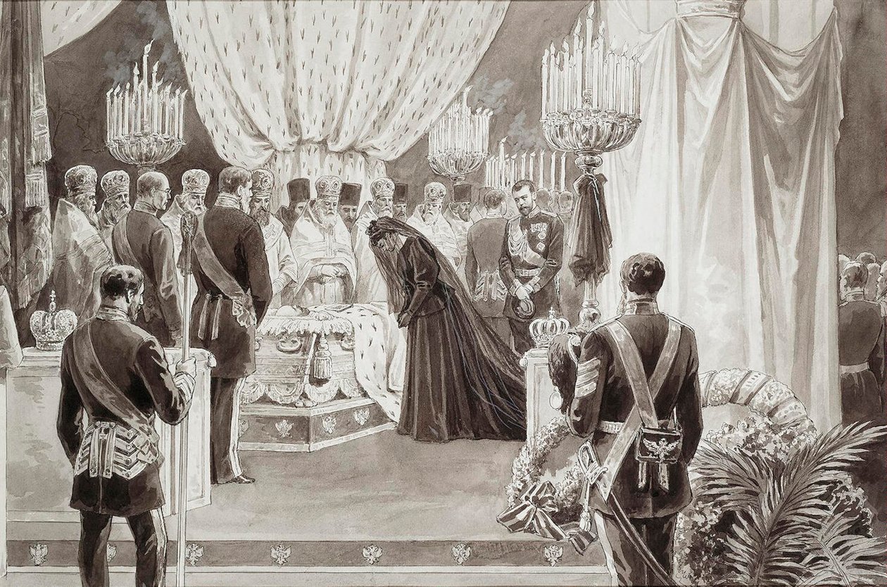 Keisari Aleksanteri III:n hautaaminen Pietarin ja Paavalin katedraaliin Pietarissa, 1894. tekijältä Karel Brozh
