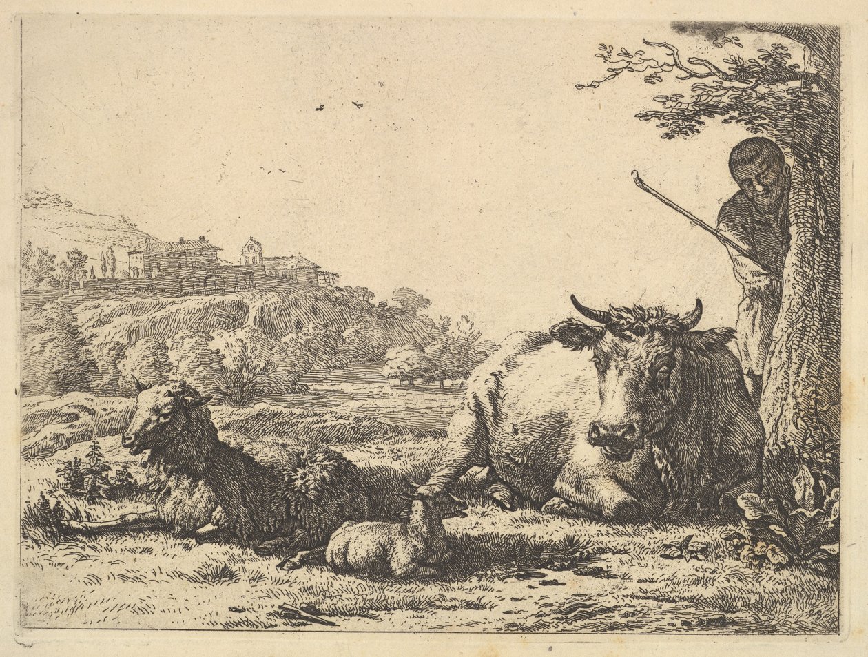 Lehmä, aikuiset lampaat ja nuoret lampaat makaavat nurmikolla, takana paimen seisoo osittain..., 1656. tekijältä Karel Du Jardin