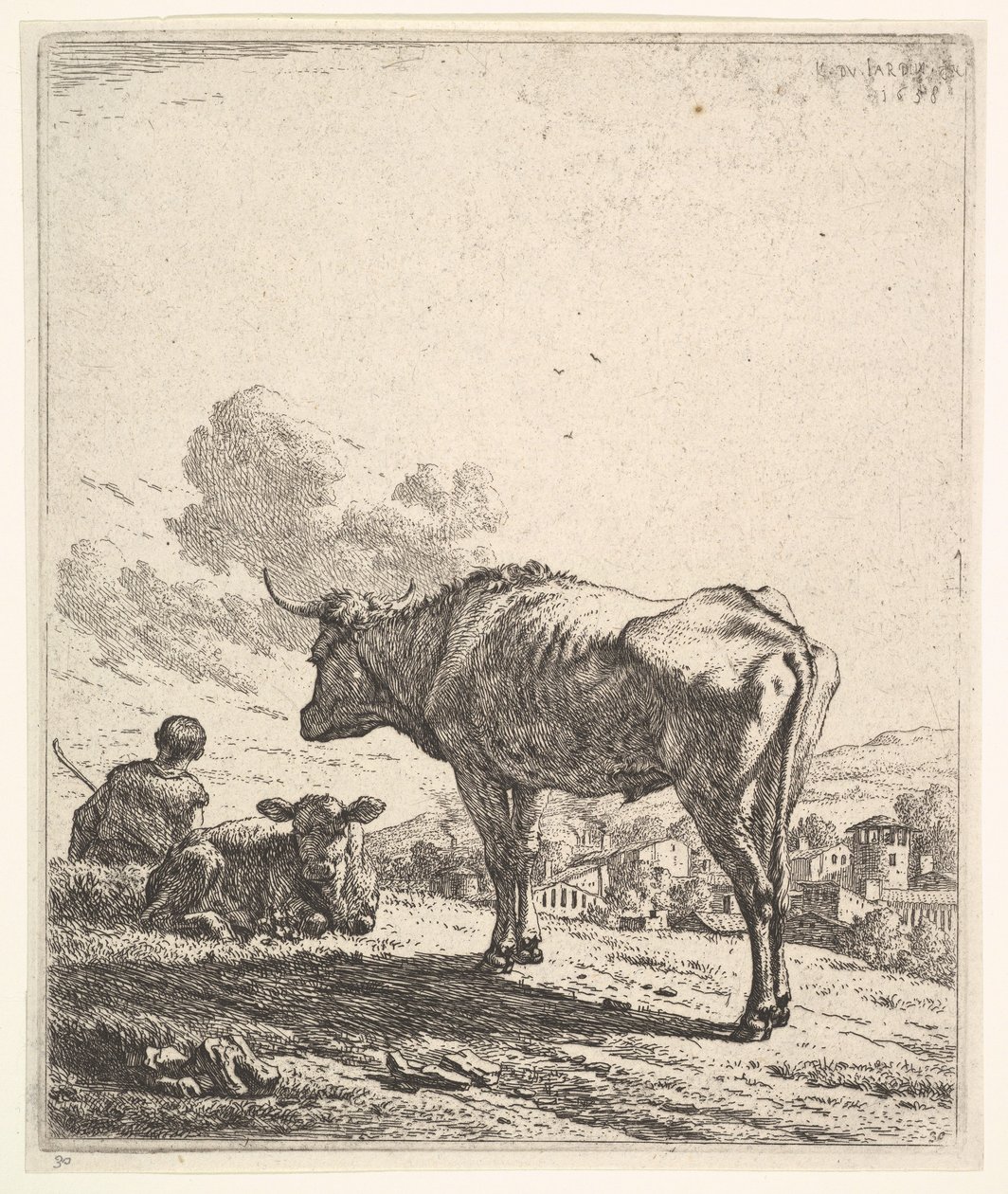 Paimen lehmän ja vasikan kanssa rinteessä, paimen takaa katsottuna ja istuu ..., 1658. tekijältä Karel Du Jardin