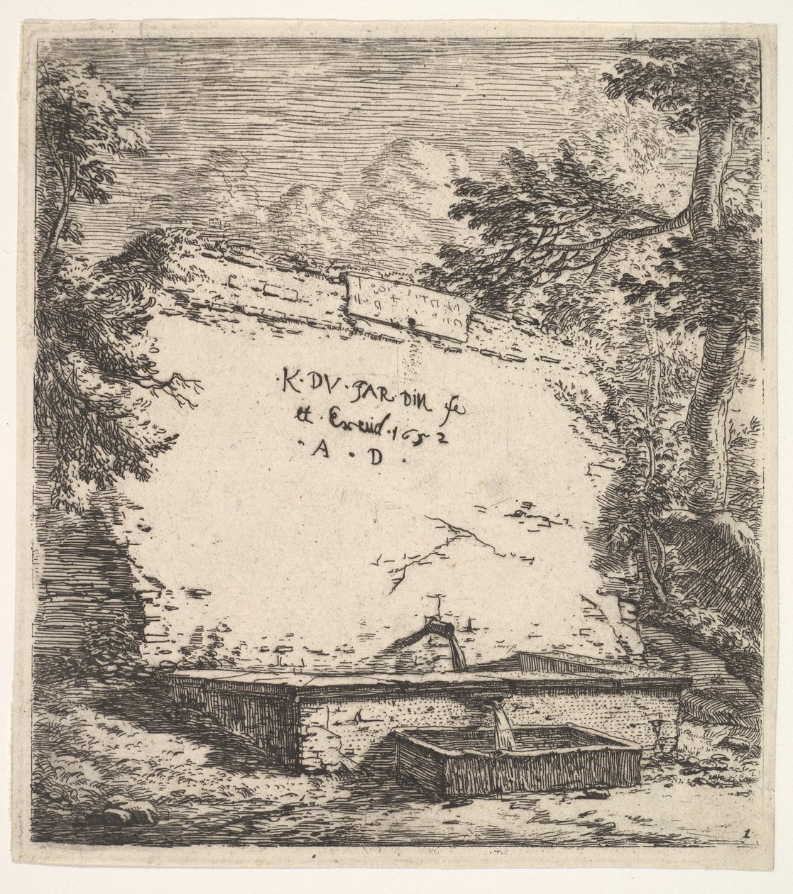 Etupaneeli porrastetulla suihkulähteellä, kivimuuri vesisuuttimella, joka kaataa vettä astiaan, 1652. tekijältä Karel Du Jardin