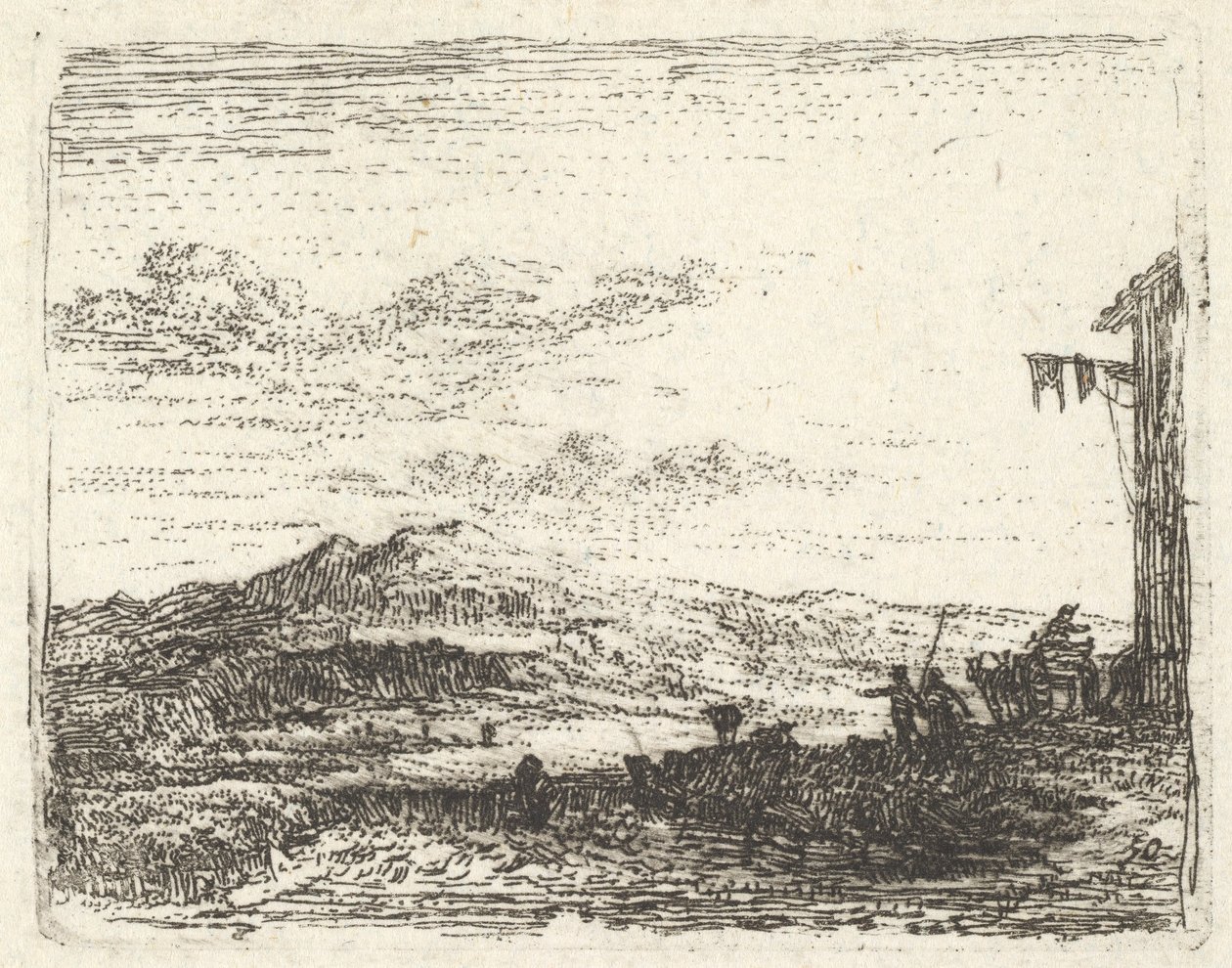 Maisema, jossa rakennuksen kulma ja markiisi oikeassa reunassa, kaksi hahmoa ja hevonen..., n. 1641-78. tekijältä Karel Du Jardin