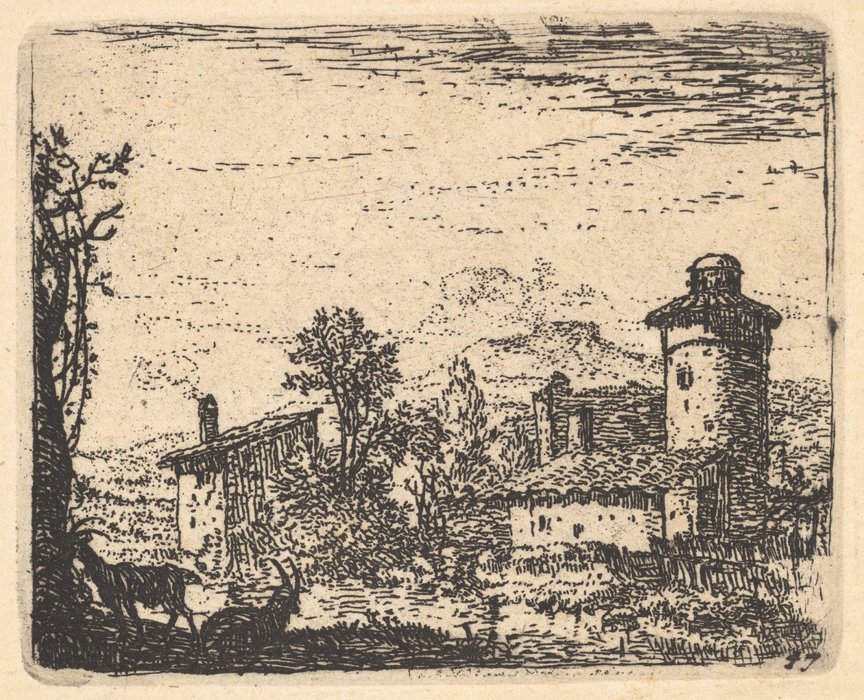 Maisema, jossa kaksi sarvikasta vuohet varjossa vasemmalla etualalla, kylärakennukset bey..., n. 1641-78. tekijältä Karel Du Jardin