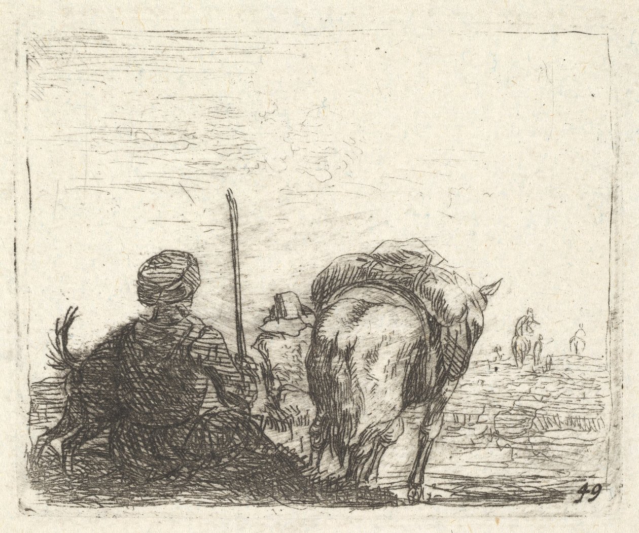 Pakkahevonen, istuva mies sauva oikealla kädellä ja koira, kaikki takaa katsottuna..., n. 1641-78. tekijältä Karel Du Jardin