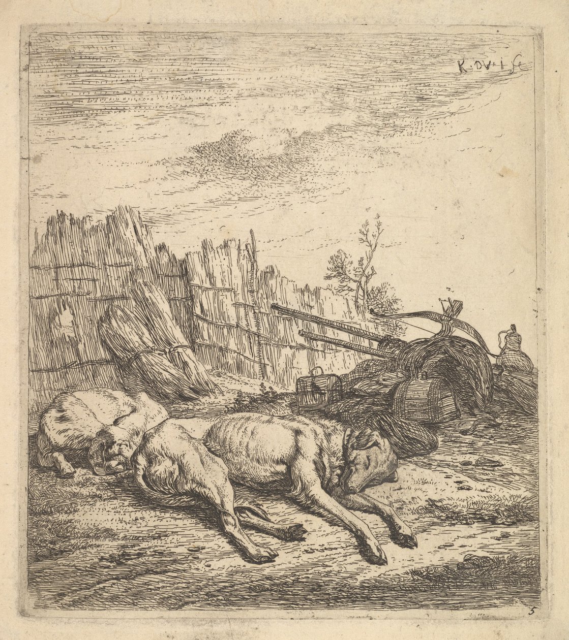 Kaksi maassa nukkuvaa koiraa, aura, maatalouskoneet, olkinippuja ja ..., n. 1641-78. tekijältä Karel Du Jardin