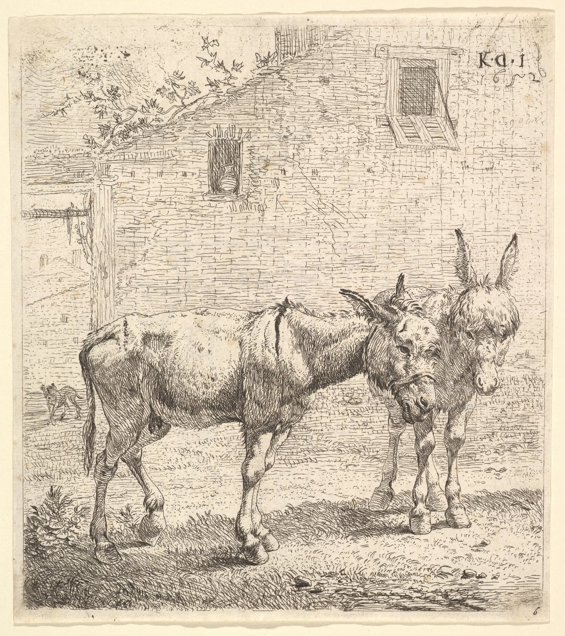 Kaksi aasia seisoo nurmipihalla, yksi profiilikuvassa oikealle ja toinen taakse..., 1652. tekijältä Karel Du Jardin