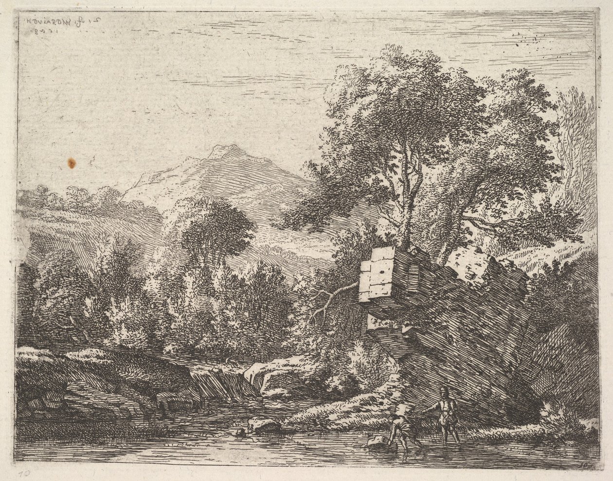 Kaksi miestä seisoo nilkoihin asti vesistössä, jonka takana on kivinen paljastus, rantakadulle, 1658. tekijältä Karel Du Jardin