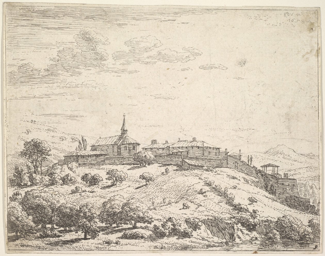 Aidattu kylä kukkulalla, jossa kirkko vasemmalla ja rakennukset rakennettiin alarinteeseen..., 1658. tekijältä Karel Du Jardin