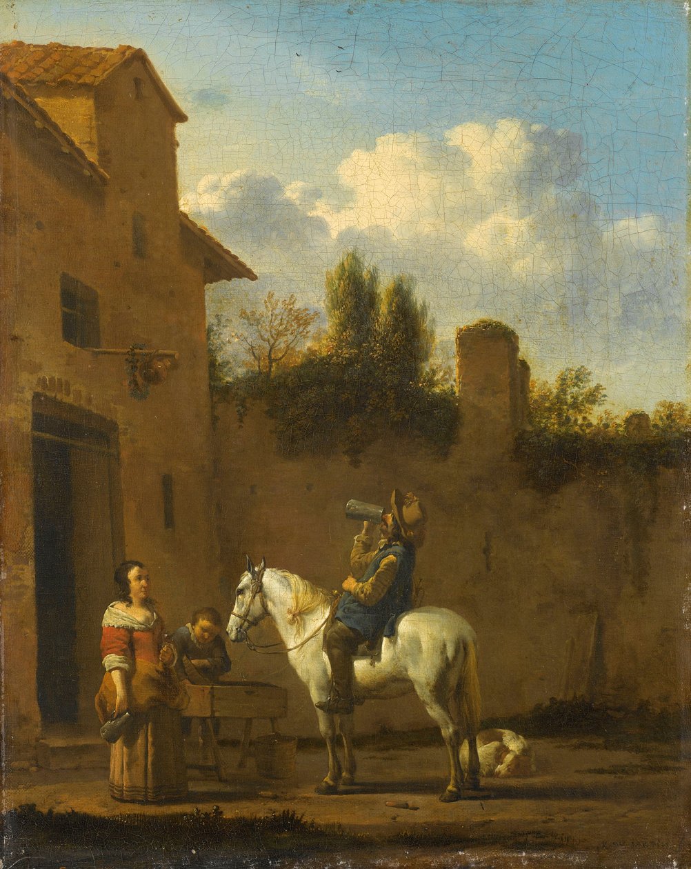 Asennettu trumpetisti juomassa, 1650-60 tekijältä Karel Dujardin