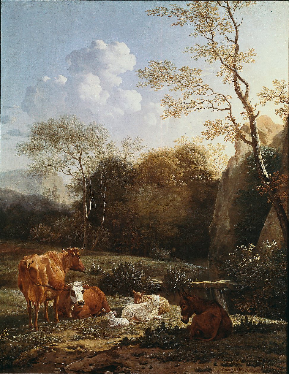 Eläin häkkii lähellä puroa. Karel Dujardinin (1622-1678) maalaus 1656 Su. 52x43 cm Pariisi, Musee du Louvre tekijältä Karel Dujardin