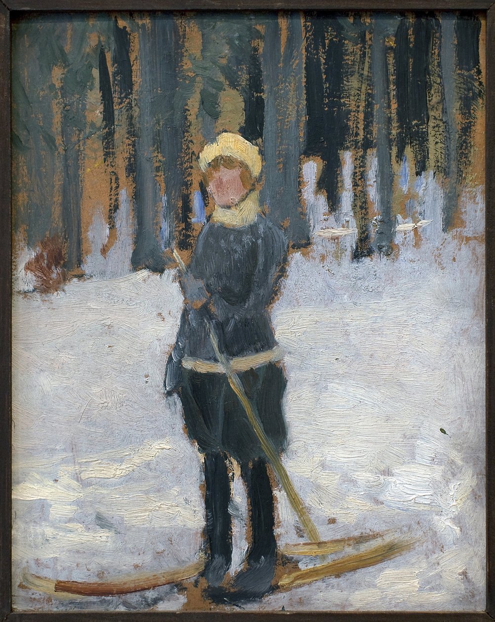 Nainen hiihtämässä metsässä. Karel Spillarin (1871-1939) taideteos, öljy pahville tekijältä Karel Spillar