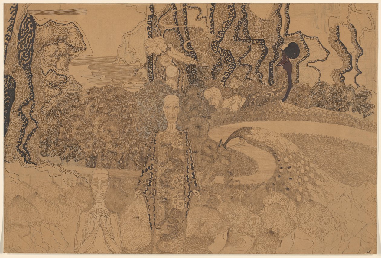 Allegorinen esitys hahmoilla ja riikinkukon kanssa puutarhassa tekijältä Karel de Nerée tot Babberich (signed by artist)