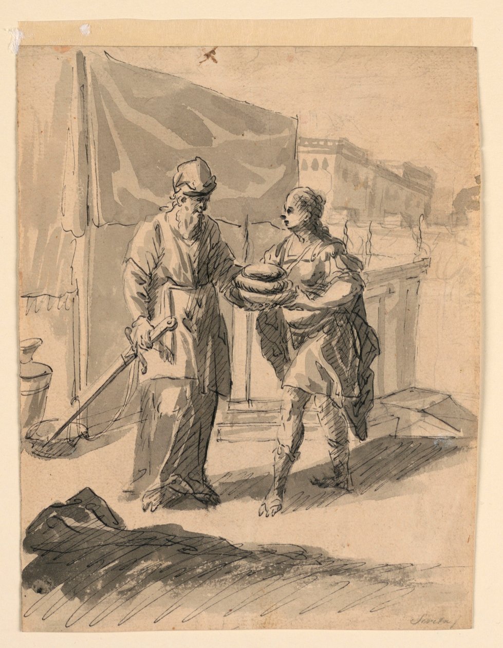 Piirros, Hahmo esittelee leipiä kenraalille, n. 1650. tekijältä Karel Škréta