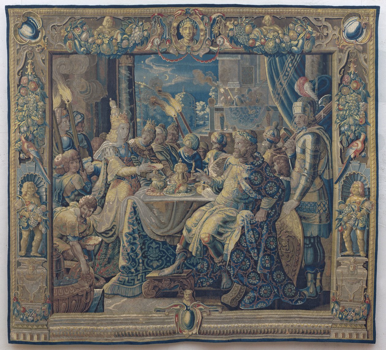 Cleopatra viihdyttää Anthonya, n. 1640 (villa ja silkki) tekijältä Karel van II (workshop of) Mander
