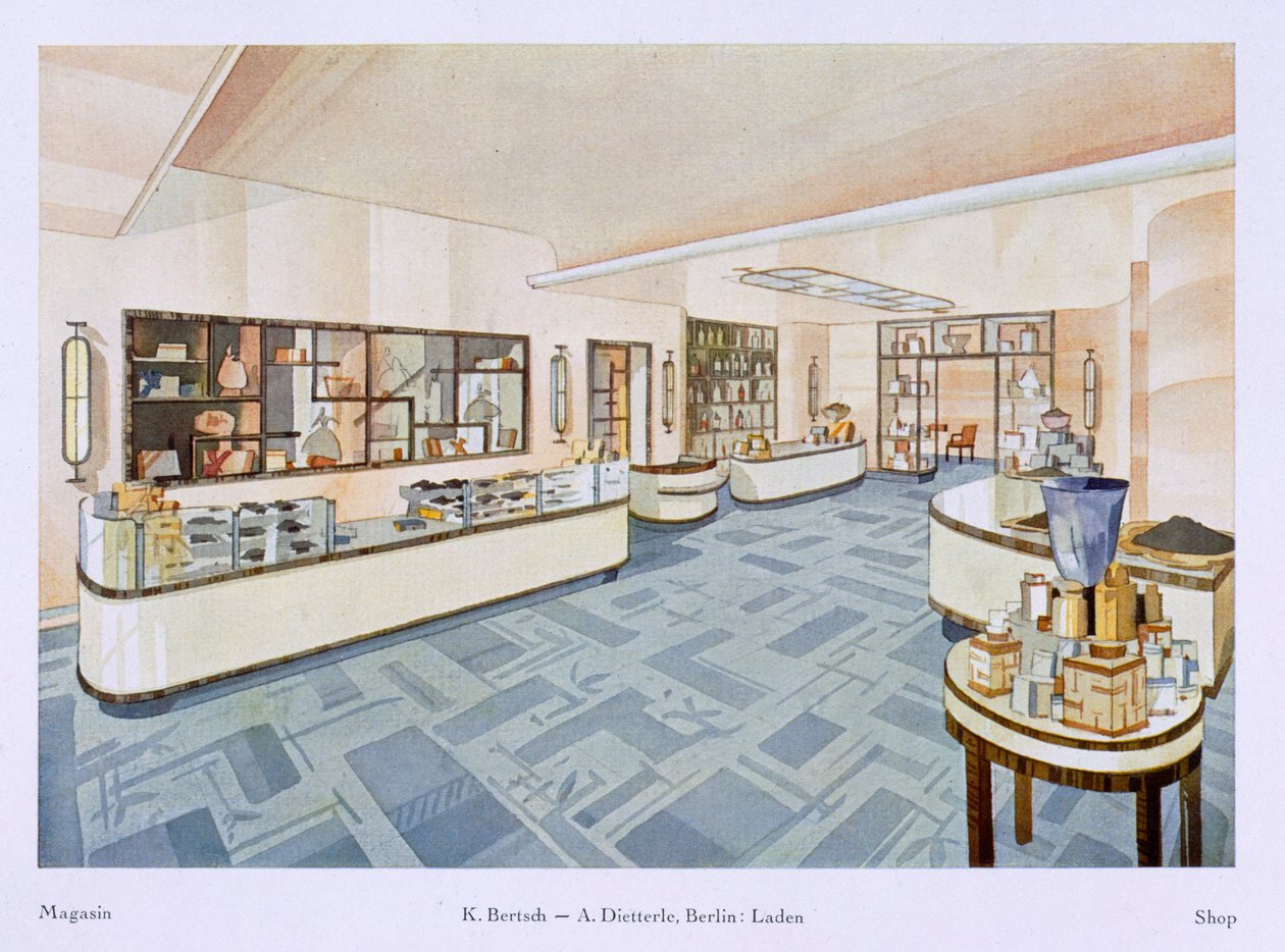 Hajuvesiliike, kuvitus teoksesta Modern Interiors in Colour, 1929 tekijältä Karl Bertsch