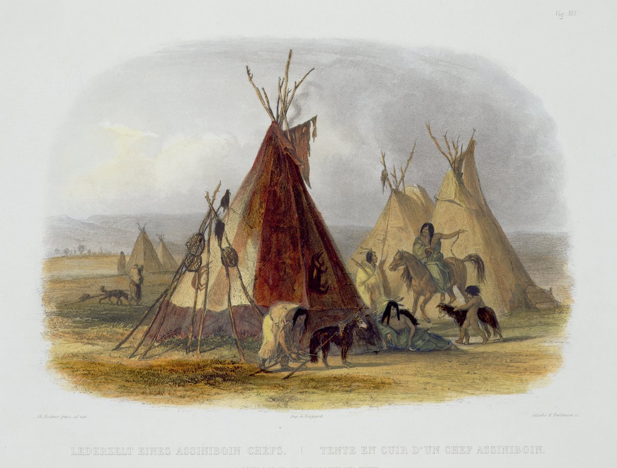 Assiniboin-päällikön ihomaja, levy 16 julkaisun "Travels in the Interior of North America" 1. osasta, kaiverrettu Friedrich Salathe (1793-1858) ja J. Hurlimann, 1843 (akvatinta) tekijältä Karl Bodmer