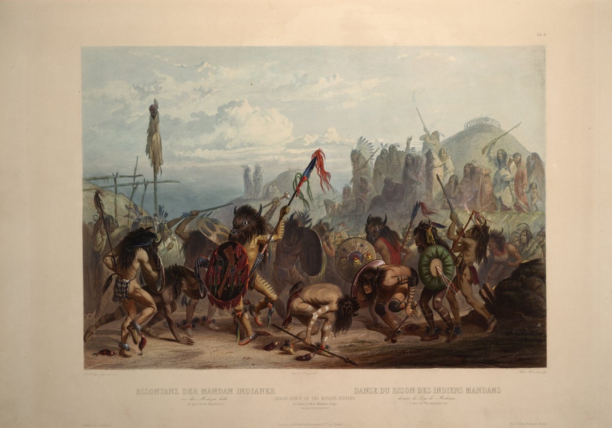 Mandan -intiaanien biisonitanssi lääketieteellisen loosinsa edessä tekijältä Karl Bodmer