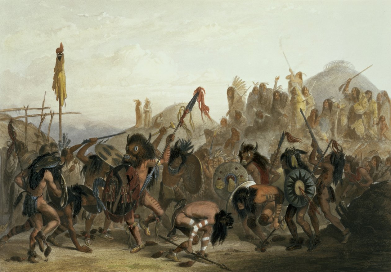 Mandan-intiaanien biisonitanssi lääkintäluolan edessä Mih-Tutta-Hankushissa, levy 18 teoksen "Travels in the Interior of North America" (Matka Pohjois-Amerikan sisäosissa) niteestä 2, kaiverrettu Alexandre Manceau, 1844 (aqua). tekijältä Karl Bodmer