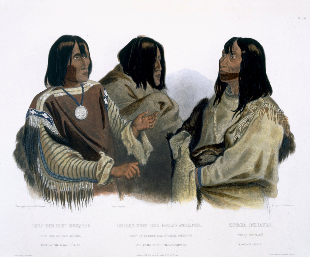 Veri-intiaanien päällikkö, Piekannin intiaanien sotapäällikkö ja koutani-intiaani, levy 46 "Travels in the Interior of North America" -julkaisun 2. osasta, kaiverrettu J. Hurlimann, 1844 (akvatinta) tekijältä Karl Bodmer