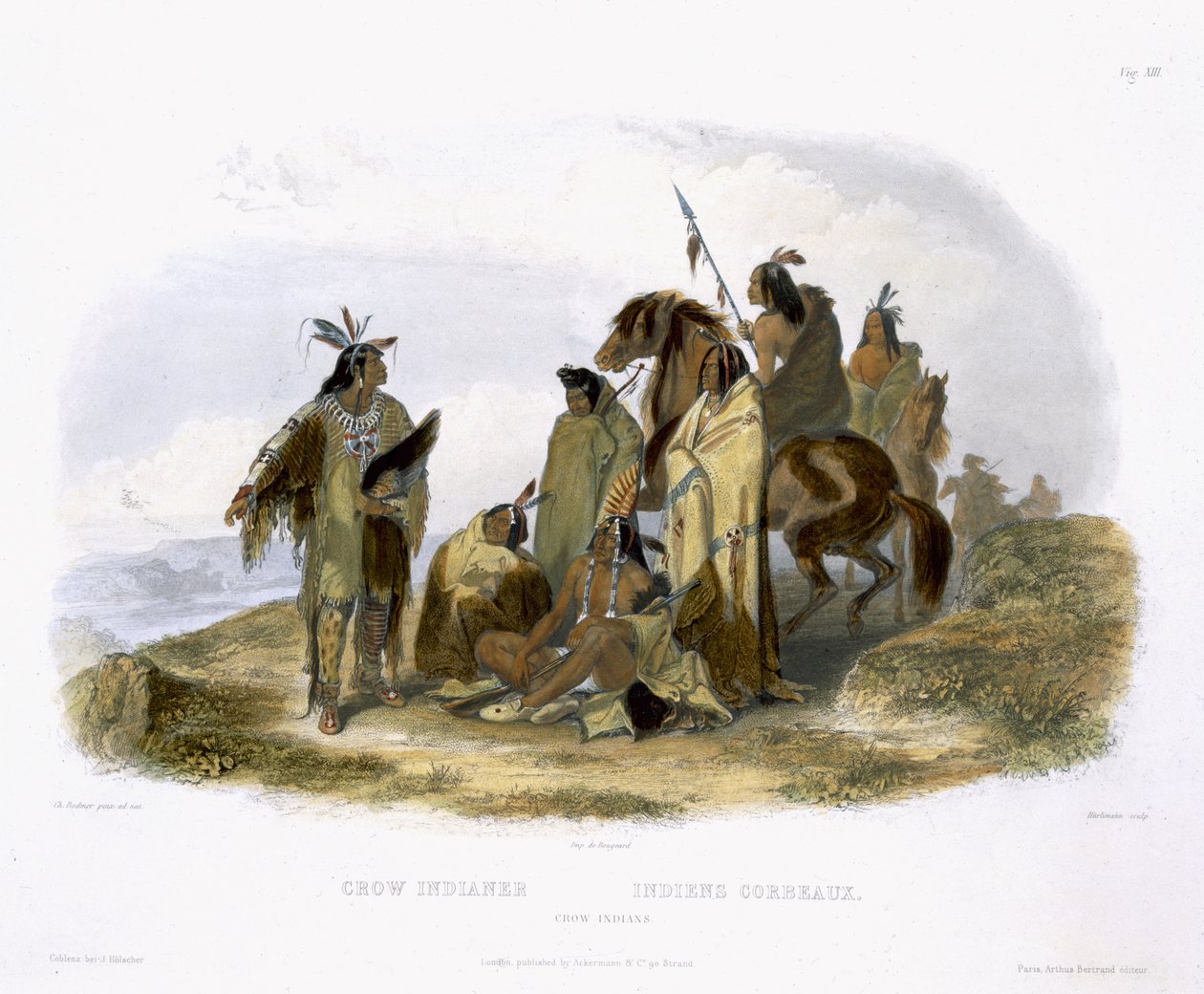 Crow Indians, levy 13 kirjan "Travels in the Interior of North America" osasta 1, kaiverrus J. Hurlimann, 1843 (akvatinta) tekijältä Karl Bodmer