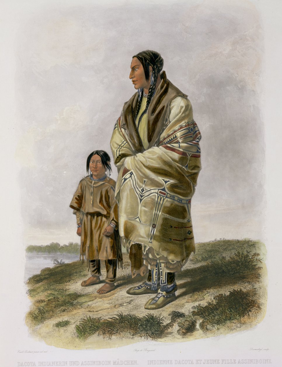 Dacota Woman ja Assiniboin Girl, levy 9 kirjan "Travels in the Interior of North America" osasta 2, kaiverrus Narcisse Desmadryl, 1844 (akvatinta) tekijältä Karl Bodmer