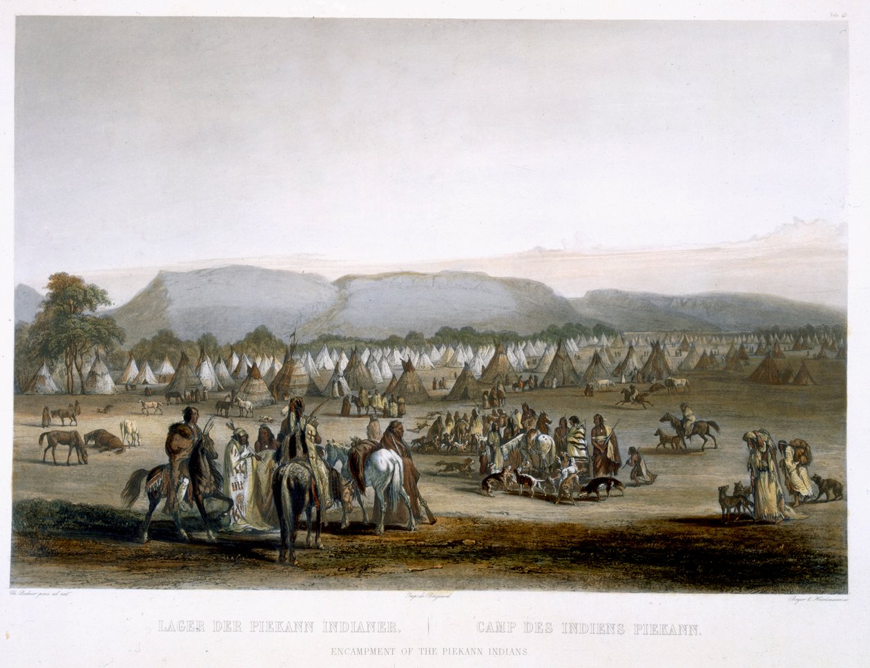 Piekannin intiaanien leiri, levy 43 kirjan "Travels in the Interior of North America" 2. osasta, kaiverrus Leopold Beyer (1784-n.1870) ja J. Hurlimann, 1844 (akvatinta) tekijältä Karl Bodmer