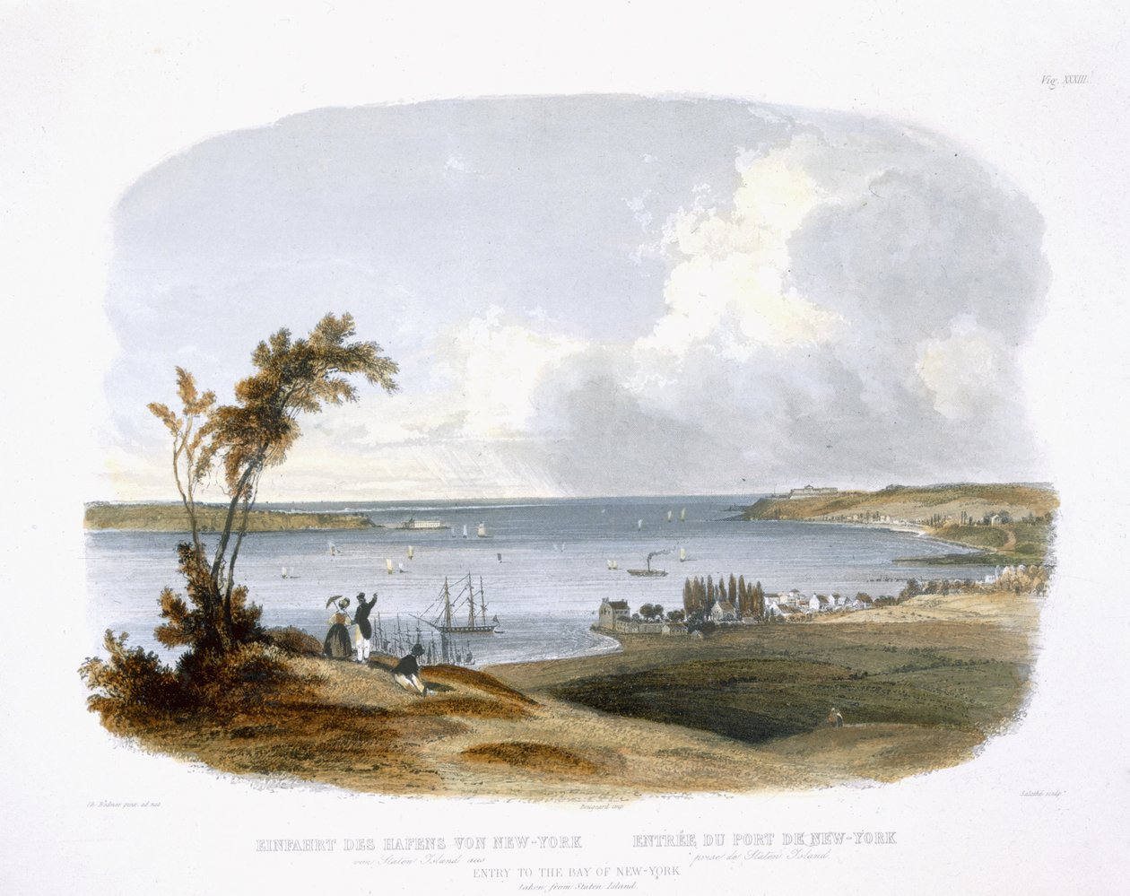 New Yorkin lahden sisäänkäynti Staten Islandilta, levy 33 kirjan "Travels in the Interior of North America" osan 1, kaiverrus Friedrich Salathe (1793-1858) 1843 (akvatinta) tekijältä Karl Bodmer