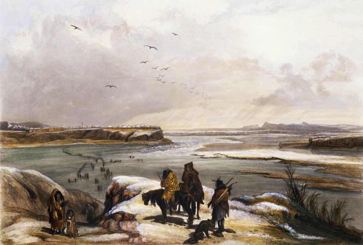 Clark-linnoitus Missourin varrella, helmikuu 1834, laatta 15 teoksen "Travels in the Interior of North America" (Matkat Pohjois-Amerikan sisämaassa) niteestä 2, kaiverrettu Lucas Weberiltä, 1844 (akvatintta). tekijältä Karl Bodmer
