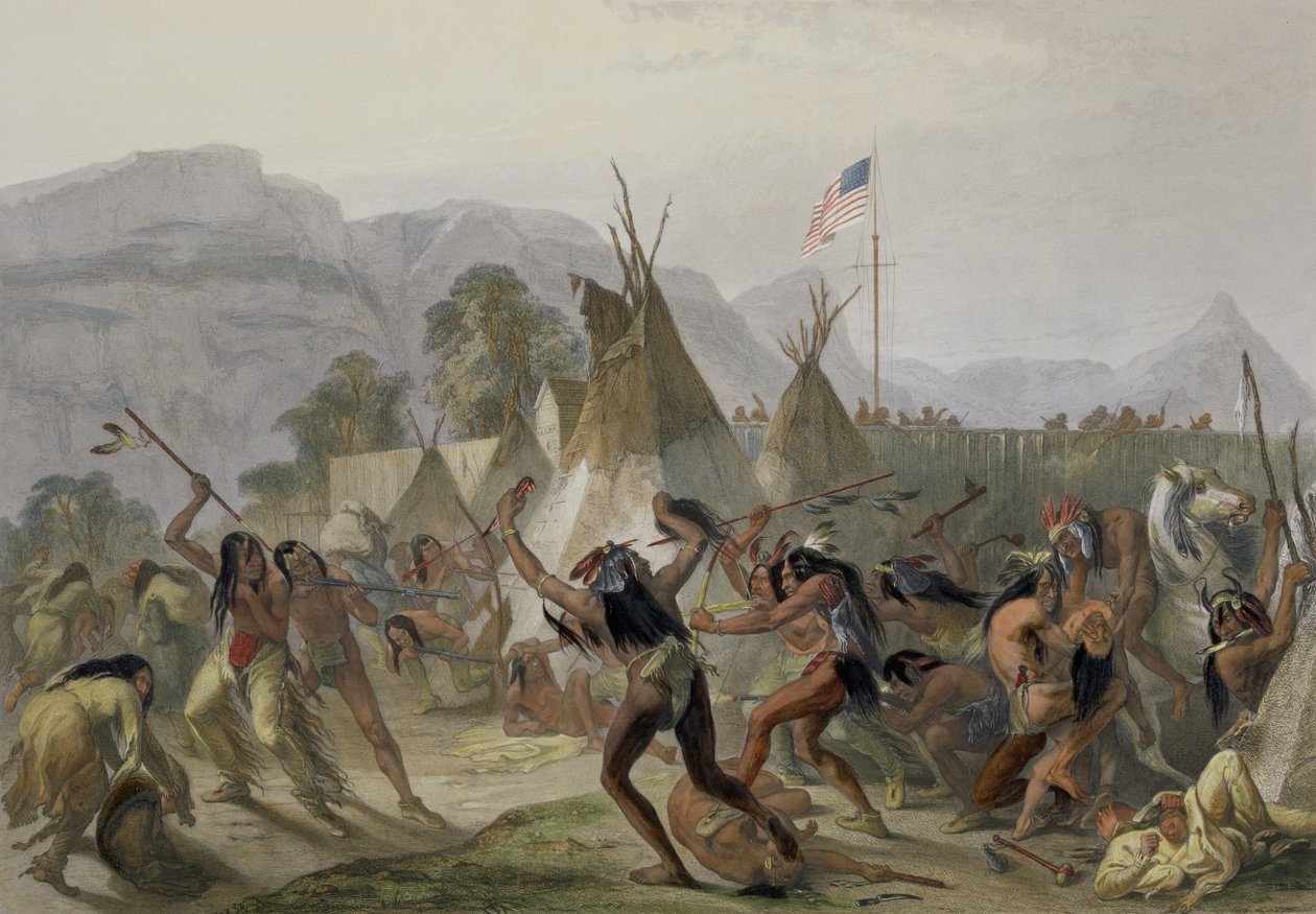 Fort Mackenzie, 28. elokuuta 1833, taulu 42 teoksen "Travels in the Interior of North America" (Matkat Pohjois-Amerikan sisäosissa) niteestä 2, kaiverrettu Alexandre Manceaun ja J. Hurlimannin toimesta, 1844 (akvatintta). tekijältä Karl Bodmer