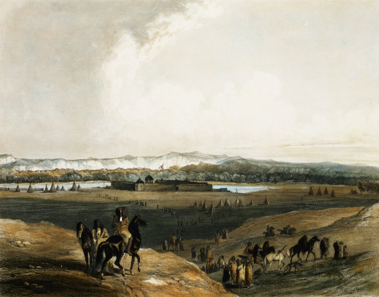 Fort Union Missourissa, levy 28 kirjan "Travels in the Interior of North America" 2. osasta, kaiverrettu Leopold Beyer (1784-n.1870) ja Lucas Weber, 1844 (akvatinta) tekijältä Karl Bodmer