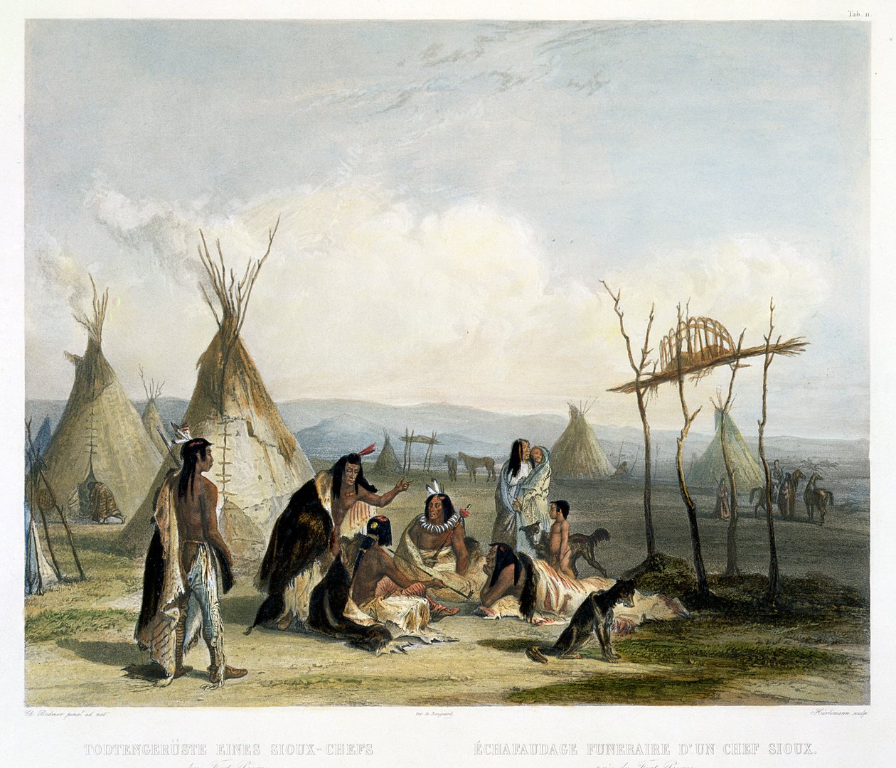 Sioux-päällikön hautajaisteline lähellä Fort Pierreä, levy 11 kirjan "Travels in the Interior of North America" 2. osasta, kaiverrettu J. Hurlimann, 1844 (akvatinta) tekijältä Karl Bodmer