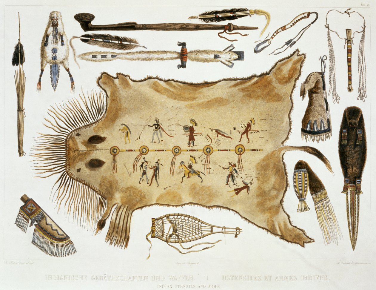 Indian Utensils and Arms, levy 21 kirjan "Travels in the Interior of North America" 2. osasta, kaiverrus A. Zschokke ja J. Hurlimann, 1844 (akvatinta) tekijältä Karl Bodmer