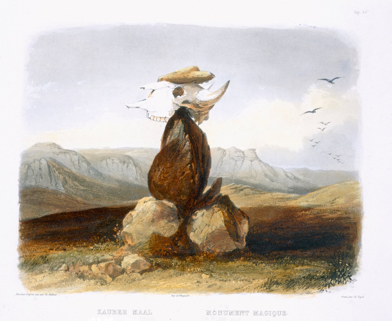Taikapaalu Assiniboin-intiaanien pystyttämä, levy 15 kirjan "Travels in the Interior of North America" osasta 1, kaiverrus Carl Vogel (1816-51) 1843 (akvatinta) tekijältä Karl Bodmer