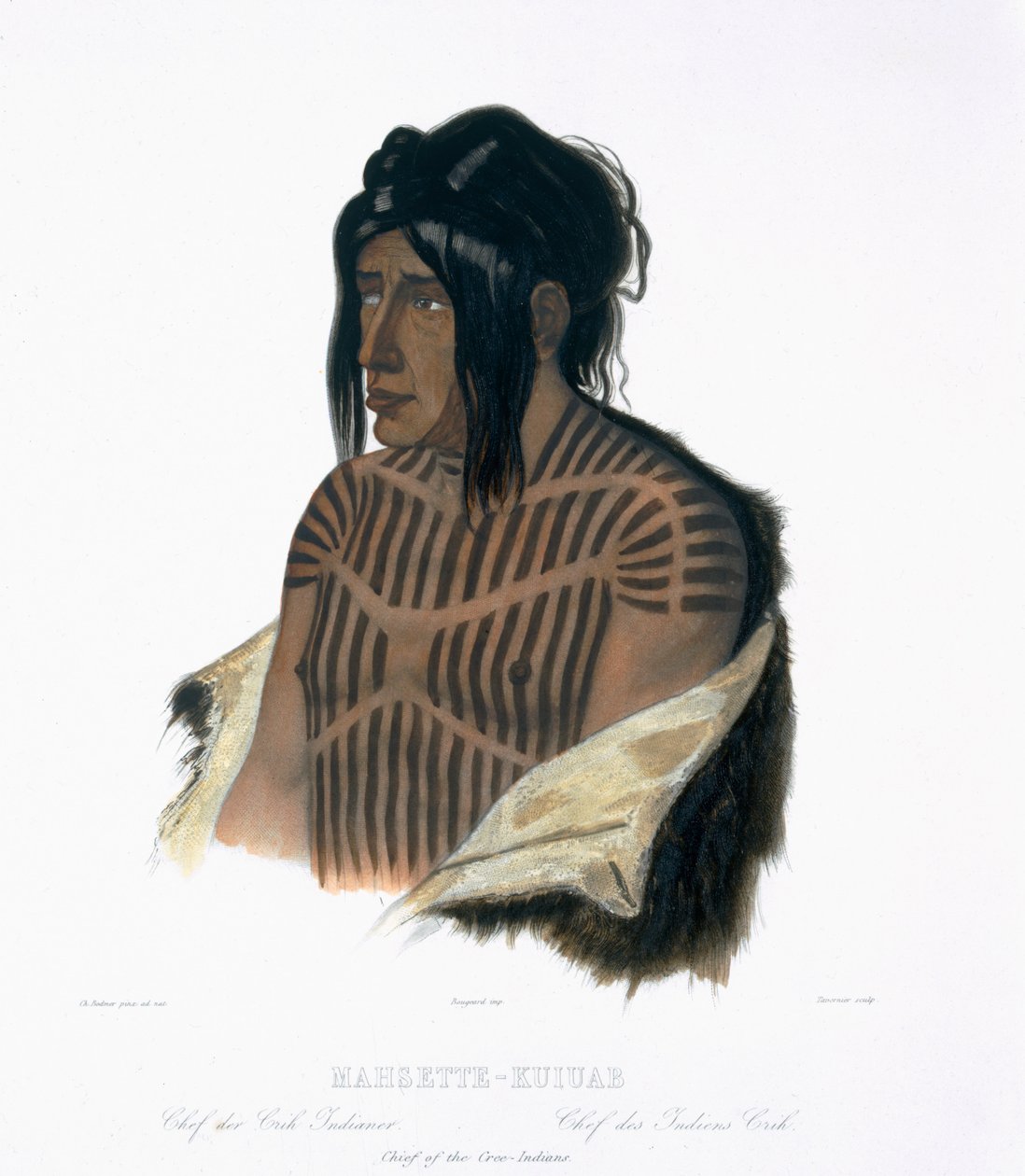 Mahsette-Kuiuab, krei-intiaanien päällikkö, levy 22 kirjan "Travels in the Interior of North America" osasta 1, kaiverrus Pierre Joseph Tavernier (1787-s.1845) 1843 (akvatinta) tekijältä Karl Bodmer