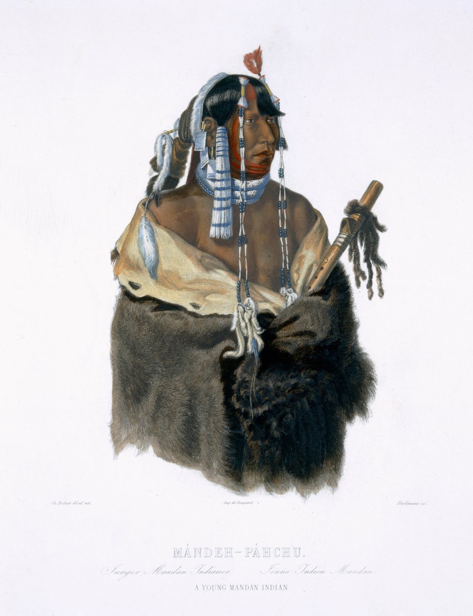 Mandeh-Pahchu, nuori mandaniintiaani, levy 24 kirjan "Travels in the Interior of North America" 1. osasta, kaiverrettu J. Hurlimann, 1843 (akvatinta) tekijältä Karl Bodmer