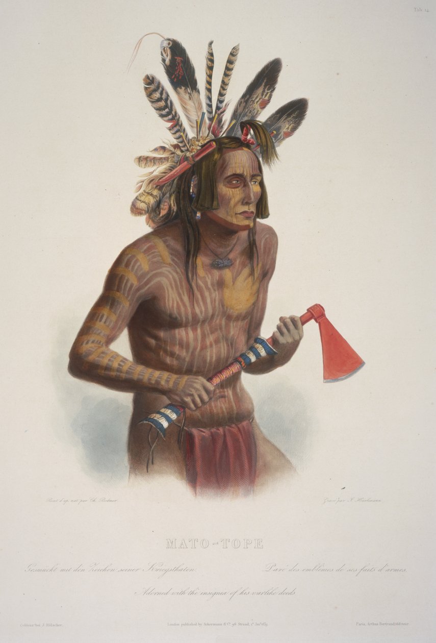 Mato-Tope, koristeltu hänen sotaisten tekojensa arvomerkeillä. tekijältä Karl Bodmer