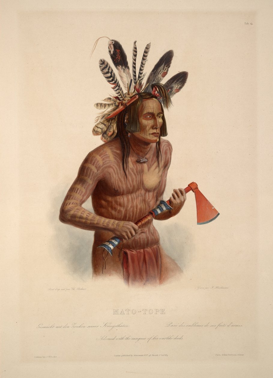 Mato-Tope oli koristeltu sotaisten tekojensa tunnuksilla tekijältä Karl Bodmer