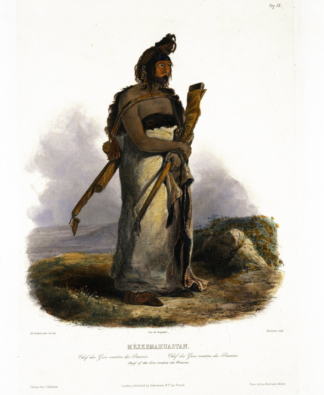Mexkemahuastan, Gros-Ventres of the Prairiesin päällikkö, levy 20 julkaisun "Travels in the Interior of North America" 1. osasta, kaiverrettu J. Hurlimann, 1843 (akvatinta) tekijältä Karl Bodmer