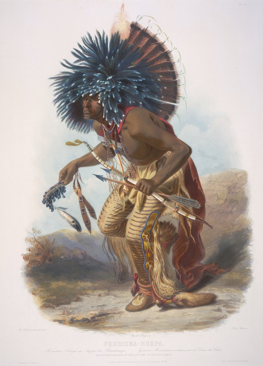 Moennitarri soturi koiratanssin puvussa. Pehriska-Ruhpa tekijältä Karl Bodmer