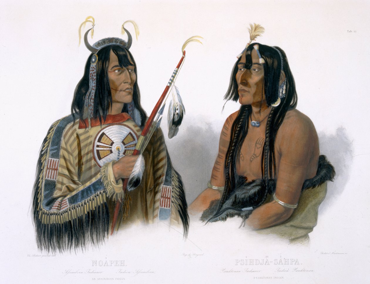 Noapeh, assiniboin-intiaani ja Psihdja-Sahpa, janktonaaniintiaani, levy 12 kirjan "Travels in the Interior of North America" 2. osasta, kaiverrettu Chollet ja J. Hurlimann, 1844 (akvatinta) tekijältä Karl Bodmer