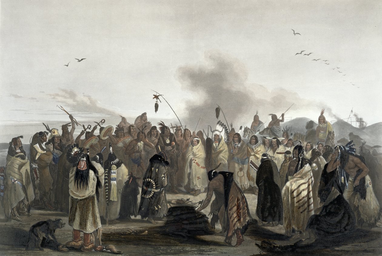 Scalp Dance of the Minatarres, levy 27 kirjan "Travels in the Interior of North America" osasta 2, kaiverrus Carl Vogel (1816-51) 1844 (akvatinta) tekijältä Karl Bodmer