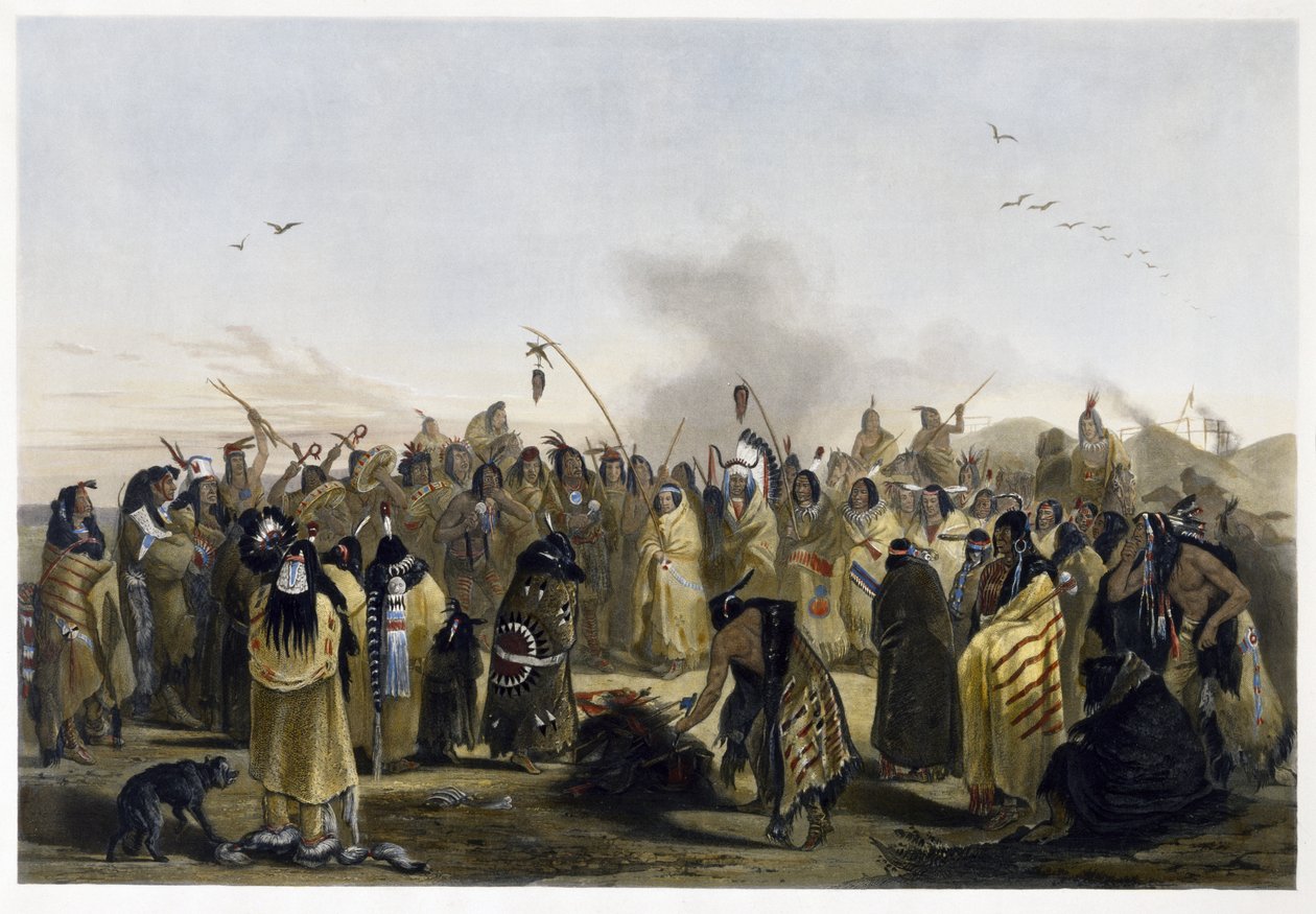 Minitarresin päänahkatanssi, 1843-1844 (akvatinta) tekijältä Karl Bodmer