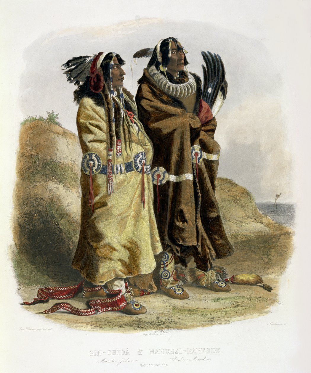 Sih-Chida ja Mahchsi-Karehde, Mandan-intiaanit, laatta 20 teoksen "Travels in the Interior of North America" (Matkat Pohjois-Amerikan sisäosissa) niteestä 2, kaiverrettu J. Hurlimannilta, 1844 (akvatintta). tekijältä Karl Bodmer