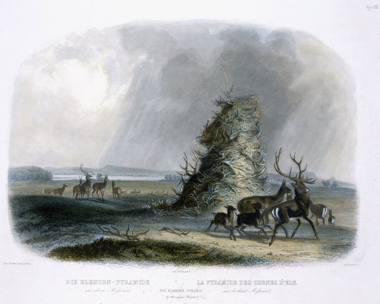 Elkhornin pyramidi Ylä-Missourissa, levy 21 kirjan "Travels in the Interior of North America" osasta 1, kaiverrus A. Fournier, 1843 (akvatinta) tekijältä Karl Bodmer