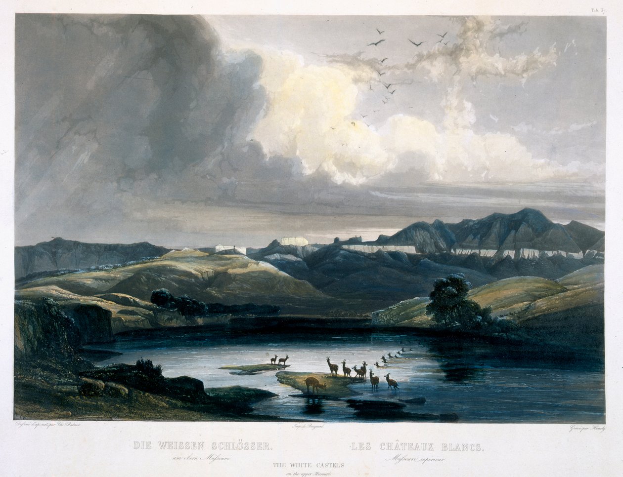 Valkoiset linnat Ylä-Missourissa, levy 37 kirjan "Travels in the Interior of North America" 2. osasta, kaiverrus Sigismond Himely (1801-72) 1844 (akvatinta) tekijältä Karl Bodmer