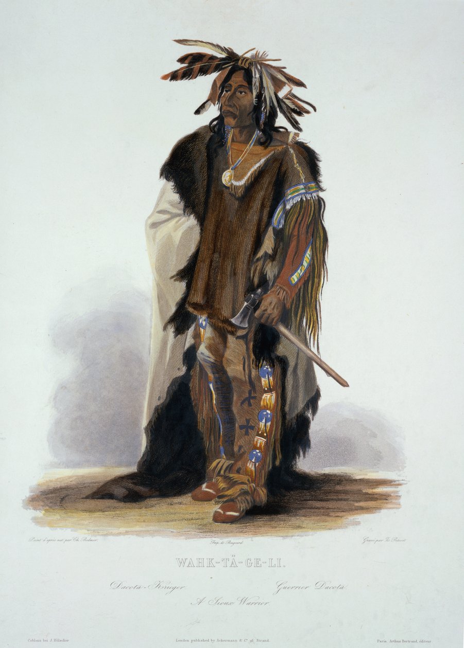 Wahk-Ta-Ge-Li, siuusoturi, levy 8 kirjan "Travels in the Interior of North America" 2. osasta, kaiverrus Z. Prevost, 1844 (akvatinta) tekijältä Karl Bodmer