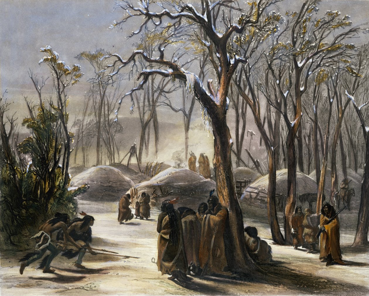 Minatarrien talvikylä, levy 26 kirjan "Travels in the Interior of North America" 2. osasta, kaiverrettu Narcisse Desmadryl, 1844 (akvatinta) tekijältä Karl Bodmer